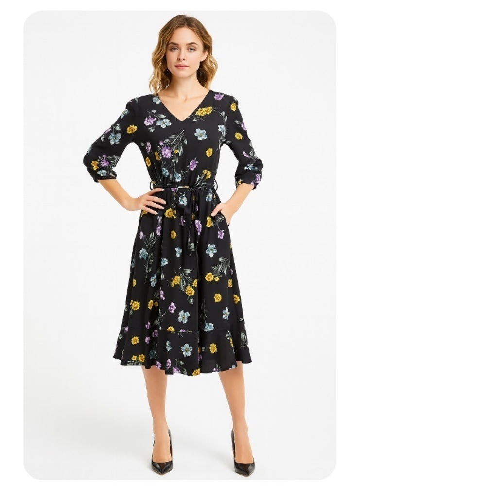 Allison Daley Petites Black Floral Business Casual Office Siren Midi Dress PM